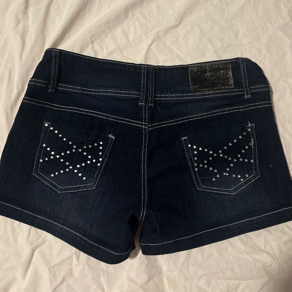 Dark Wash Denim Shorts with rhinestone Studded Back Pockets Low Rise Y2K Bling